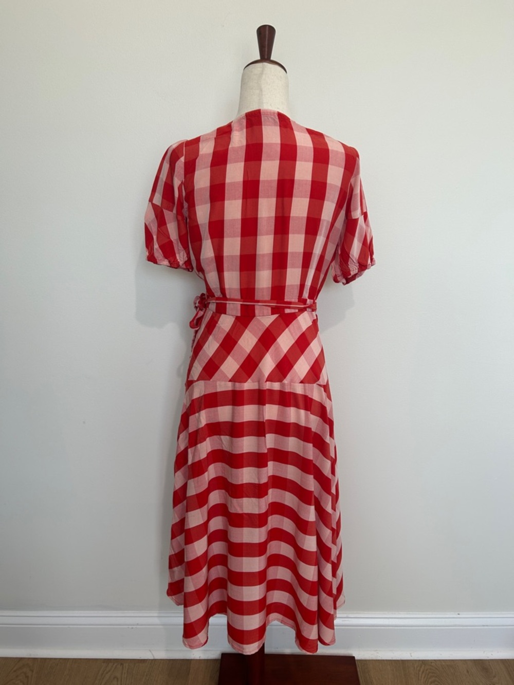LOFT Red and Cream Gingham Midi Wrap Dress - Picture 5 of 7